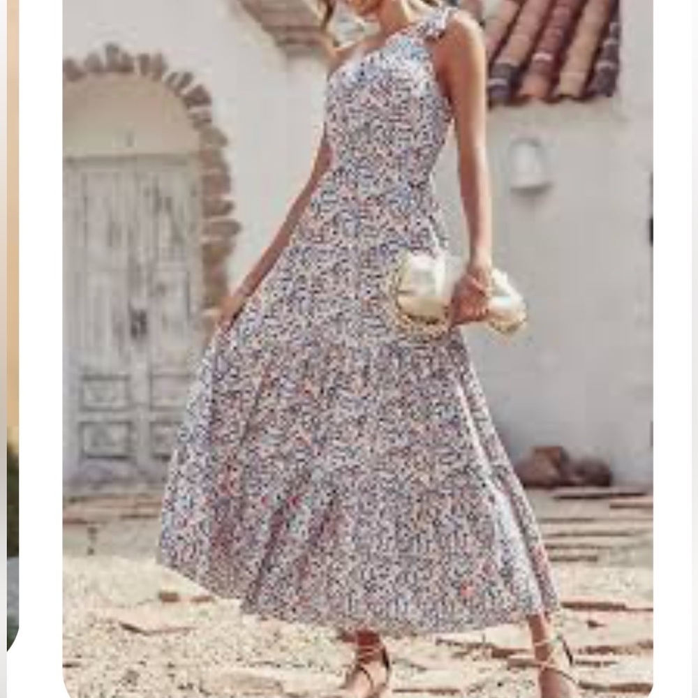 NWT Pretty Garden Floral Maxi Dress with One shoulder and Boho Ruffle Details